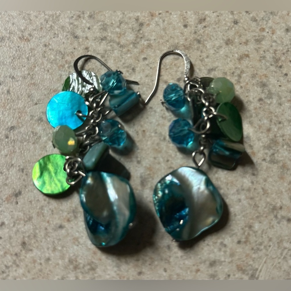 Colorful Teal Abalone & Sea Glass Dangle Earrings | Ocean-Inspired Statement - Picture 5 of 7